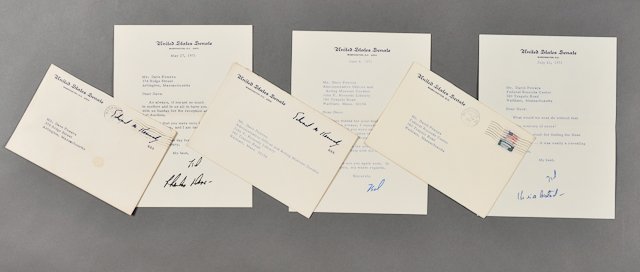 1971-May-July, Notes Signed Ted Kennedy: (3) (1) Page notes with envelopes (2 franked) on US Senate letterhead to Dave Powers from Ted Kennedy with thanking sentiments, dated May 27 and June 4. (1) Where Dave found a Dean Acheson letter cont