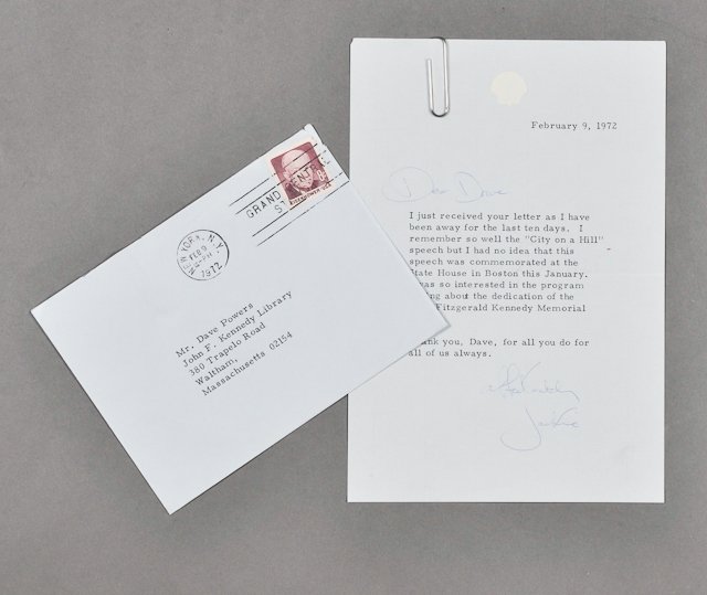 1972-Feb 9, Note Signed Jackie: (1) Page note to Dave Powers from Jackie remembering the "City on a Hill" speech by J.F.K. and the dedication of the J.F.K. Memorial Plaque. Feb 9. Signed Affectionately Jackie. Condition: Good