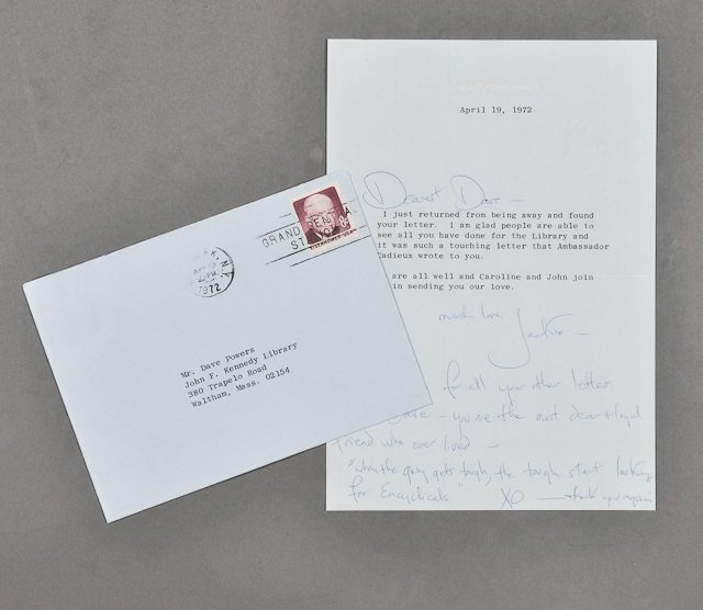 1972-April 19, Note Signed Jackie: (1) Page note to Dave Powers from Jackie "the most dear and loyal friend who ever lived" and "when the going gets tough, the tough start looking for Encyclicals XO-thank you again". April 19. Jackie. 