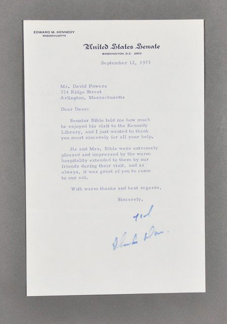 1973-Sept 12, Note from Ted Kennedy: (1) Page note on US Senate letterhead to Dave Powers from Ted Kennedy thanking Dave for his hospitality to Senator Bible at the Kennedy Library. Sept 12. Signed Ted, Thanks Dave. Condition: Good