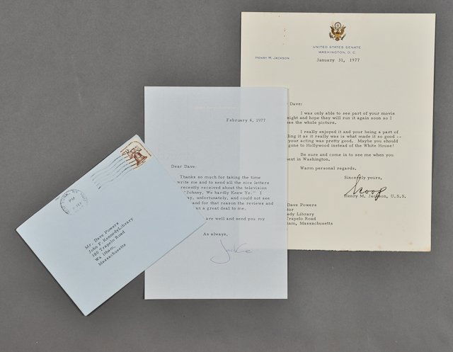 1977-Jan-Feb, Henry Jackson and Jackie Notes: (1) Page note with envelope to Dave Powers from Jackie thanking him for sending letters he received about the television show "Johnny, We hardly Know Ye". Feb 4. Signed Jackie. (1) Page note on US Sen