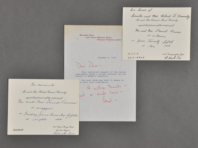 1977-June 25, Kennedy Invitations: (2) Invitations on card stock addressed to Mr. and Mrs. Powers for a supper and dance in honor of R.F.K. June 25. (1) Page note on Hickory Hill letterhead to Dave Powers from Ethel thanking Dave for h
