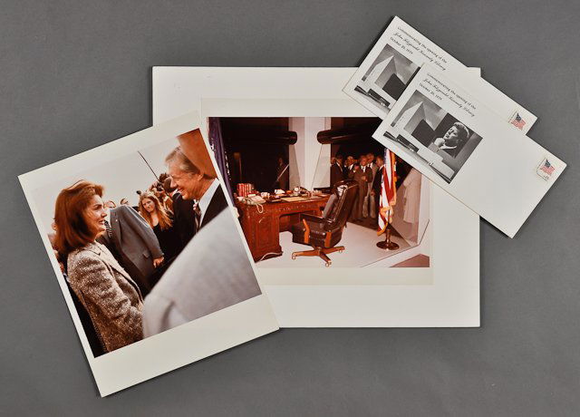 1979-Oct 20, Commemoration of Library: (2) Envelopes Commemorating the opening of the J.F.K. Library October 20, 1979 with uncancelled .15c stamps. Toning. (1) Color photograph of Jackie with Jimmy Carter. 8" x 10". Taken by White House St