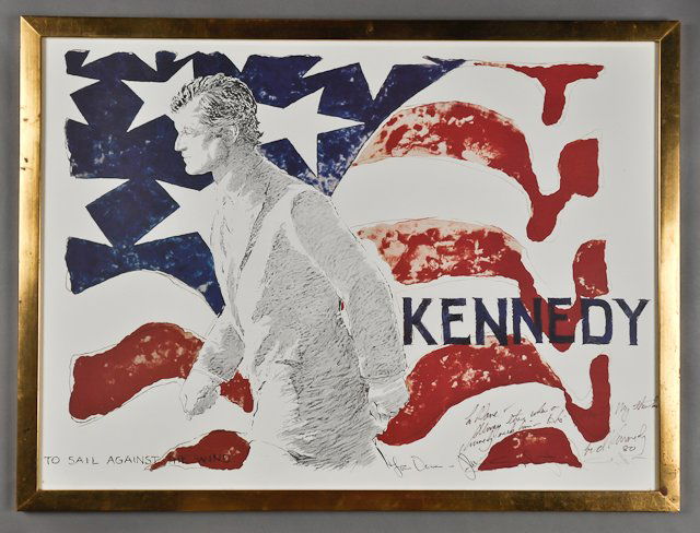 1980-Ted Kennedy for President: (1) Democratic Presidential Campaign poster for Ted Kennedy "To Sail Against the Wind" Signed " To Dave- Always there when a Kennedy Needs Him-His Friend My Thanks, Ted Kennedy 80". And signed by the