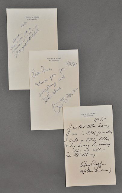 1981-April 2, Hollywood Autographs: (3) Autographs on (3) White House Washington letterhead note papers. Including Eric Brown, Shay Duffin and Margaret B. Tyler. (2) Kennedy Library Posters 36" x 25" and smaller. rolled, wrinkling to bo