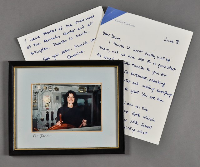 1984-June, Letter, Signed Caroline Kennedy: (1) Color photograph of Caroline Kennedy aboard the USS J.F.K.. "For Dave". (2) Page hand written letter with envelope to Dave Powers from Caroline offering help with ideas for the J.F.K. park at Harv