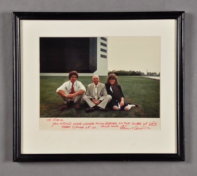 1985-Photo, Signed John, Jr. and Caroline: (1) Color photograph of John, Jr., Dave and Caroline at the Kennedy Library. "To Dave, you would have looked much better on the cover of "Life" than either of us. Much love John and Caroline." 7" x 9"