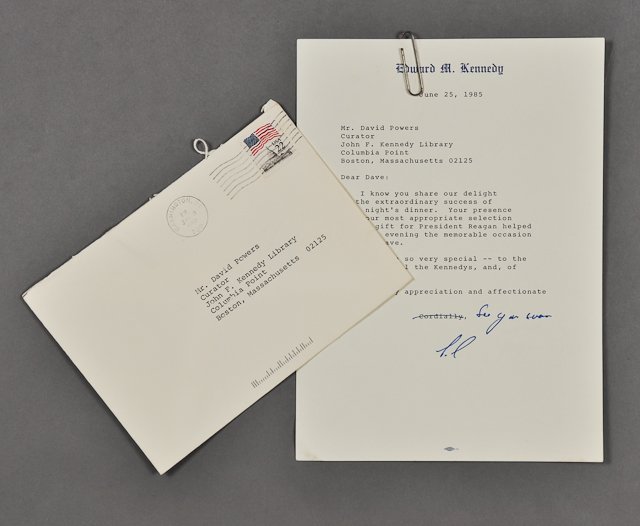 1985-June 25, Note Signed Ted Kennedy: (1) Page note with envelope on Edward M. Kennedy letterhead to Dave Powers from Ted Kennedy thanking Dave for a gift he selected for Ronald Reagan. June 25. Signed See you soon, Ted. Condition: Toning