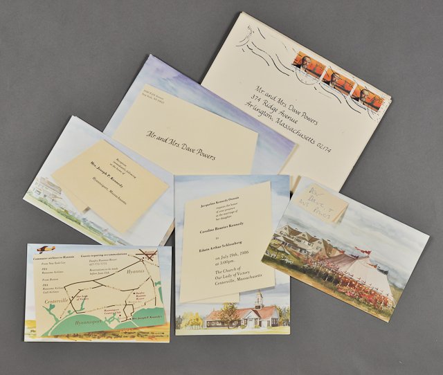1986-July 19, Caroline Kennedy Wedding Invite: (1) Complete Wedding Invitation from Jackie requesting Dave Powers presence at the marriage of her daughter Caroline Bouvier Kennedy to Edwin Arthur Schlossberg including interior and exterior envelop