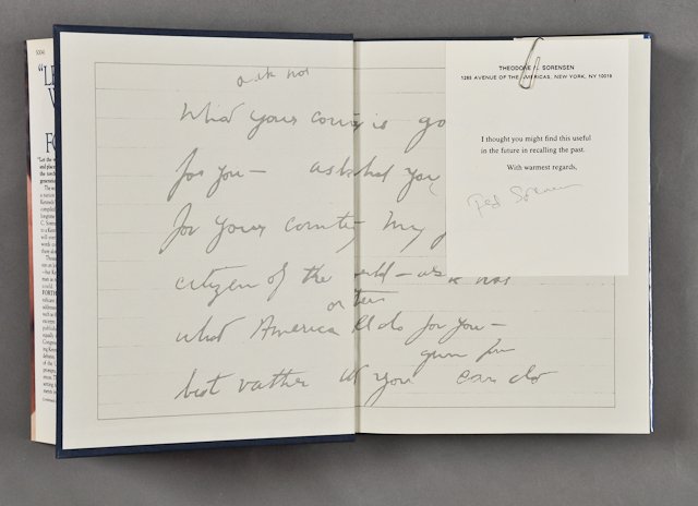 1988-"Let the Word Go Forth"Author Signed: (1) Hardcover first edition of "Let the Word Go Forth. The Speeches, Statements and Writings of J.F.K. 1947-1963". 433 pp. With note signed Ted Sorenson. Condition: Good, retains original jacket