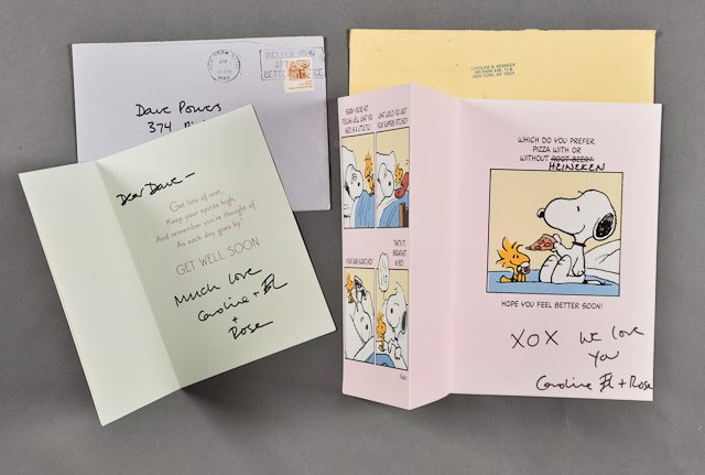 1989-April 10, Cards signed Caroline: (2) Get well cards with envelopes to Dave Powers from Caroline Kennedy. Signed Caroline Condition: Good