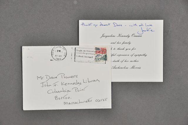 1989-Sept 22, Death of Jackie's Mom, Signed: (1) Engraved thank you note with envelope to Dave Powers signed "Jackie" thanking Dave for his sympathy over the death of Janet Auchincloss Morris (Jackie's mother) Condition: Minor smudge