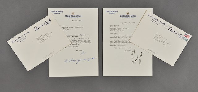1990-1991-Ted Kennedy Signed Notes: (1) Page note on US Senate letterhead with envelope (Franked) to Dave Powers from Ted Kennedy thanking Dave for giving President Vassiliou a tour of the Library. Sept 25. Signed Ted, Great Job. (1) Pa