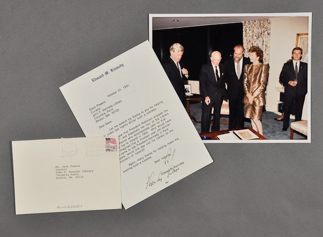 1991-Oct 21, Ted Kennedy Signed Note, Photo: (1) Page note on Edward M. Kennedy letterhead with envelope to Dave Powers from Ted thanking Dave for helping with entertaining President Mary Robinson of Ireland. Oct 21. Signed Ted, Thanks Dave. (1)