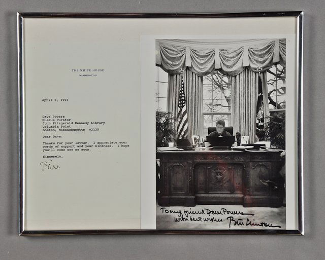 1993-Apr 5, Pres. Clinton Signed Note/ Photo: (1) Photograph of Bill Clinton in the White House. 9" x 6". Signed "To my friend Dave Powers with best wishes-Bill Clinton." (1) Page note on White House letterhead to Dave Powers from Bill Clinton th