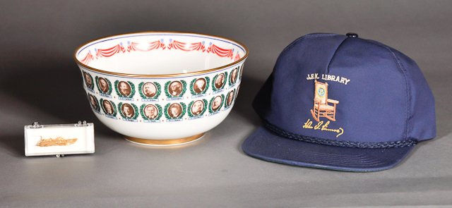 1993-The Presidential Bowl / J.F.K. Cap / Axe: (1) Royal Worcester Porcelain Bowl bearing the Great Seal of the President and portraits of the Presidents of the United States with Certificate of Authenticity. 4" x 8". (1) J.F.K. Library embroidere