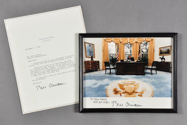 1994-Nov 3, Bill Clinton Signed Photo/ Letter: (1) Page letter on White House letterhead to Dave Powers from Bill Clinton, congratulating him on his retirement from the Kennedy Library. Nov. 3. Signed Bill Clinton. (1) Color photograph of Bill Cli