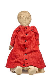25 IN FINE EMBROIDERED FACE LINEN DOLL: 25 inch fine embroidered homespun line doll. Layers of handsewn antique clothing with a beautiful handmade red wool coat with jet buttons. Stuffed with rags and cotton - medium firm, shoulder and hip