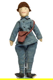 19 IN HAPPY MAIL CARRIER: The happy embroidered face doll with a great brown yarn hair, is wearing a thick blue wool outfit or uniform. He has a wool mail pouch across his body. He is very firmly stuffed with cotton and only s