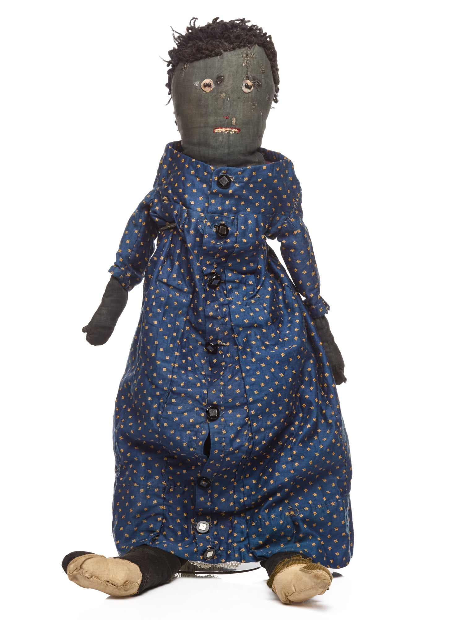 26 INCH BLACK CLOTH DOLL DRESSED for CHURCH: A bone weary woman on going to church day. This is a very dear doll in her very best dress and put together hat. Her body is all original and bends and sits well. Her blue print dress is a lovely fit 