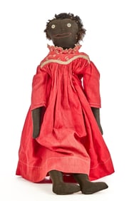 26 IN  BLACK CLOTH DOLL RED DRESS CIRCA1880