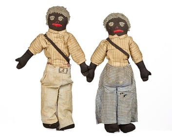 (2) HANDMADE BLACK CLOTH DOLL BROTHERS CIRCA 1920