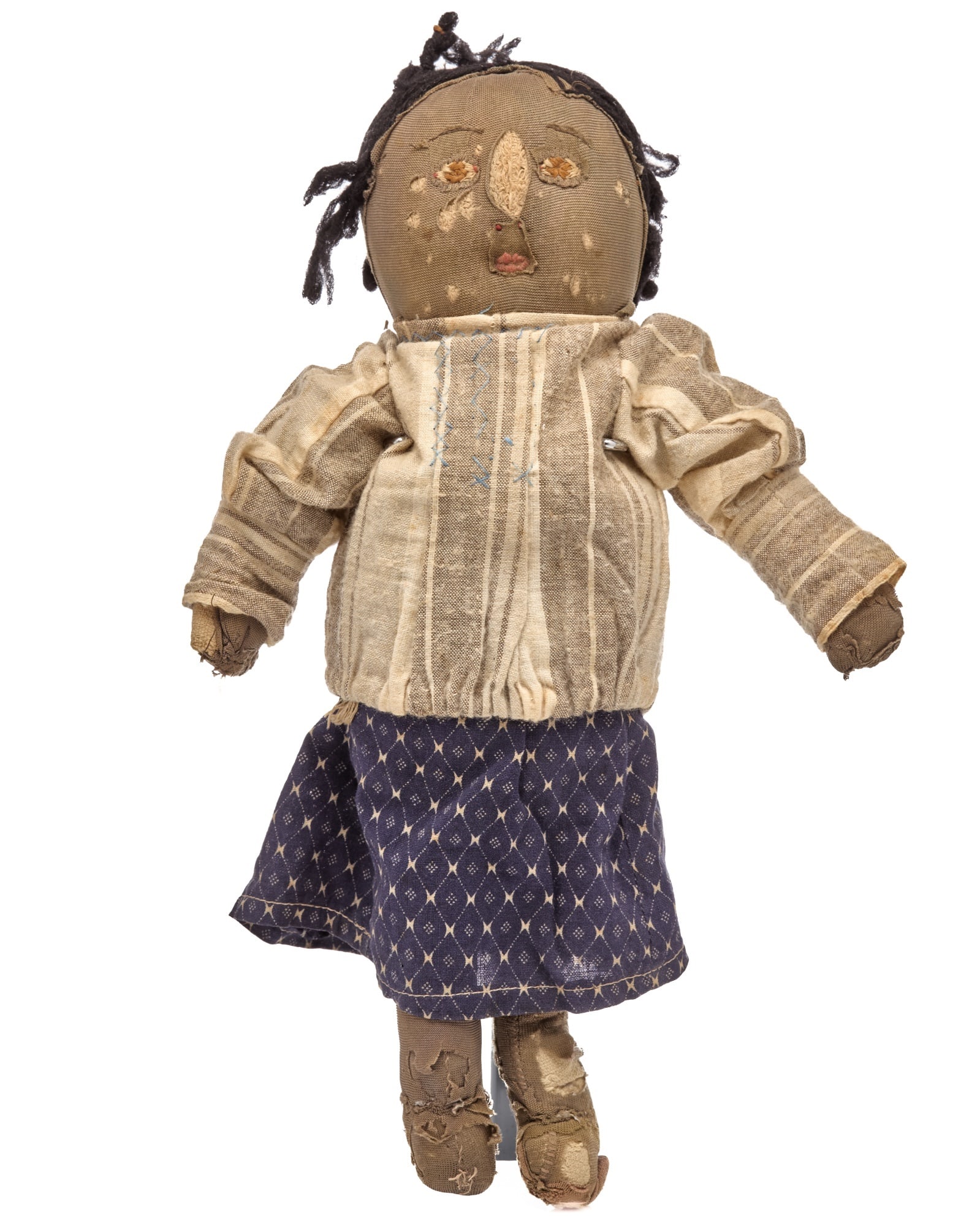 12 IN A PICTURE IS WORTH A THOUSAND WORDS: A quiet doll with shoe button eyes, lollypop shaped head and sweet little body. She has stitched defined fingers and a interesting way that the maker sewed the hips so she could sit easily. The dress 
