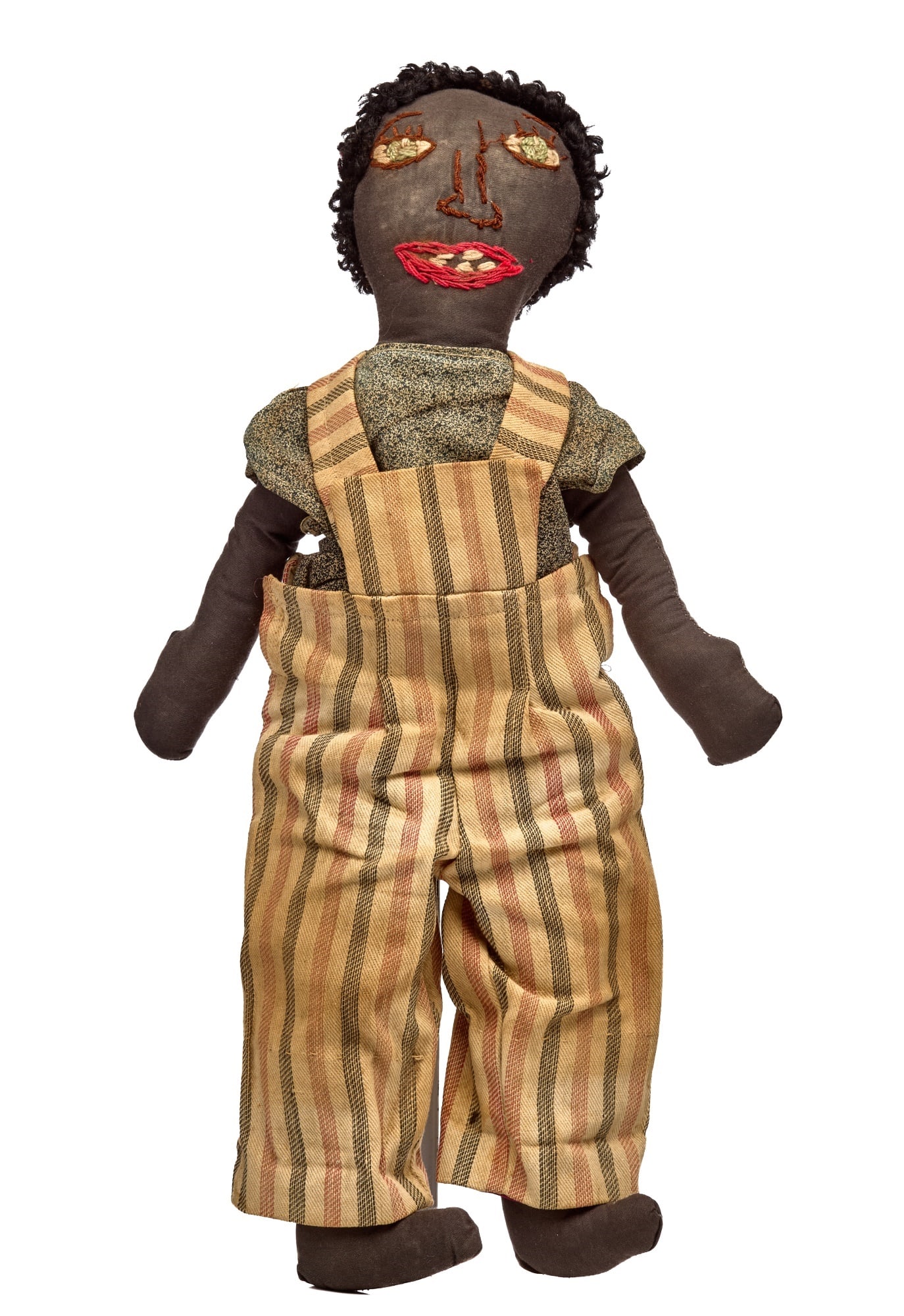 16 IN BLACK BOY DOLL WITH BIG PERSONALITY: I would like to hear what this doll has to say. He has a bigger-than-life, happy face. The embroidery floss is heavy, and the stitches are big and well placed. Great eyes, defined nose and a smiling m