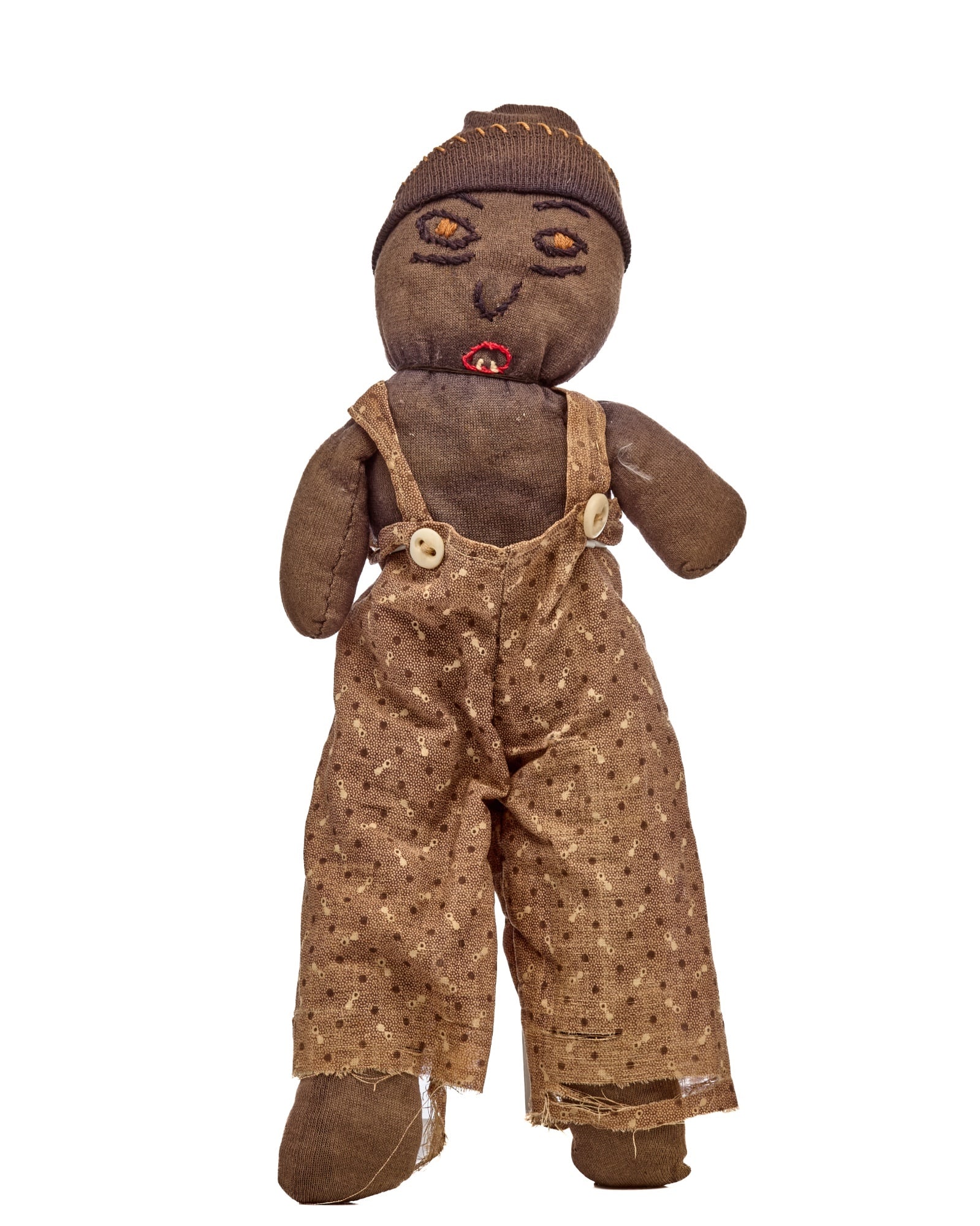 14 IN LITTLE BLACK SOCK DOLL, WHAT A FACE!: This little guy is so adorable, I can't stand it. The beanie hat, the outstanding two teeth and the brown calico overalls...great! The pictures say it all. 14 inches. circa 1910-20 Temp No 870