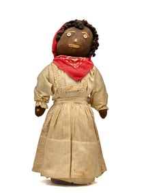 15 INCH BLACK CLOTH BOUND BOTTLE DOLL CIRCA 1890