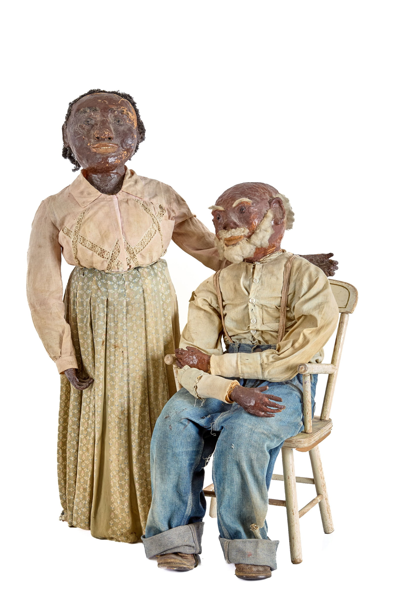 37 IN HUSBAND AND WIFE TOGETHER.: He has a paper Mache head, and hands, I think that is what is, great clothes, heavy body, comes with the chair and he sits very comfortably. See pictures… Just the best! Circa 1920-30 Condition. Han