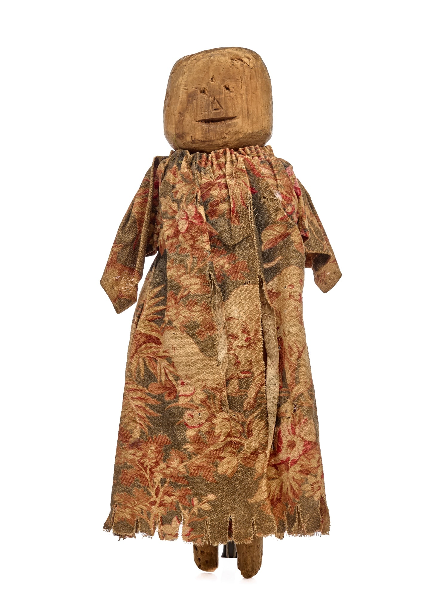 EARLY PRIMITIVE BED WRENCH/POST DOLL CIRCA 1830: Early primitive wooden doll with great dress 1830 bed post wrench doll. Antique wooden doll, possibly was a bed wrench converted into a doll or a bedpost doll. She is pine and primitively carved and f