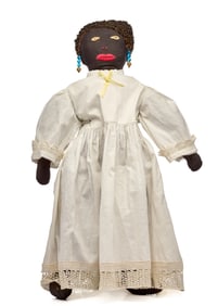 24 IN BLACK CLOTH DOLL FINELY EMBROIDERED FACE.