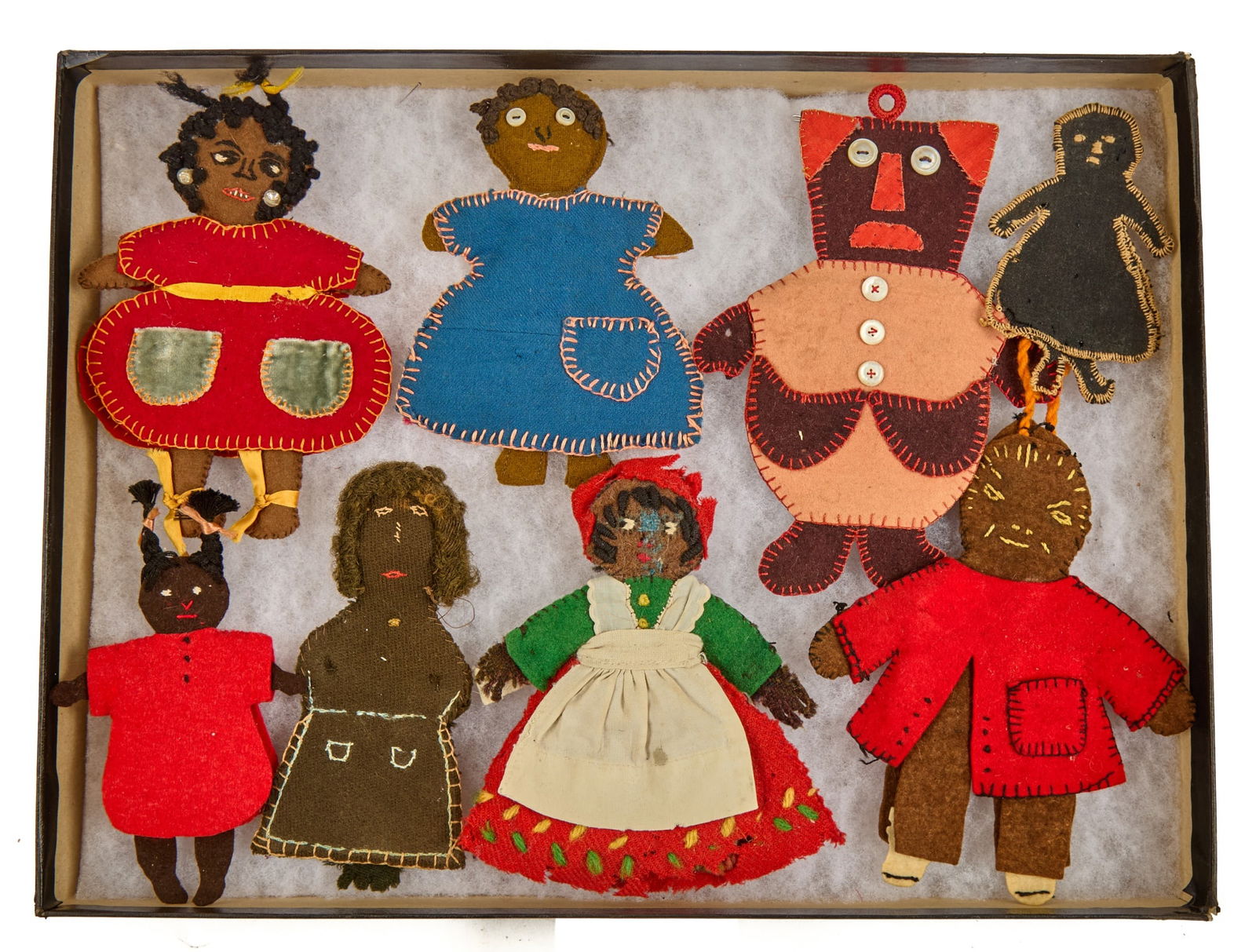 (8) BLACK DOLL NEEDLE CASES: The faces are all so different and so are so well done. These were used to store needles and pins in sewing baskets. From 4 in. to 7 in. circa 1890-1930 Condition: Condition, very good but one does ha