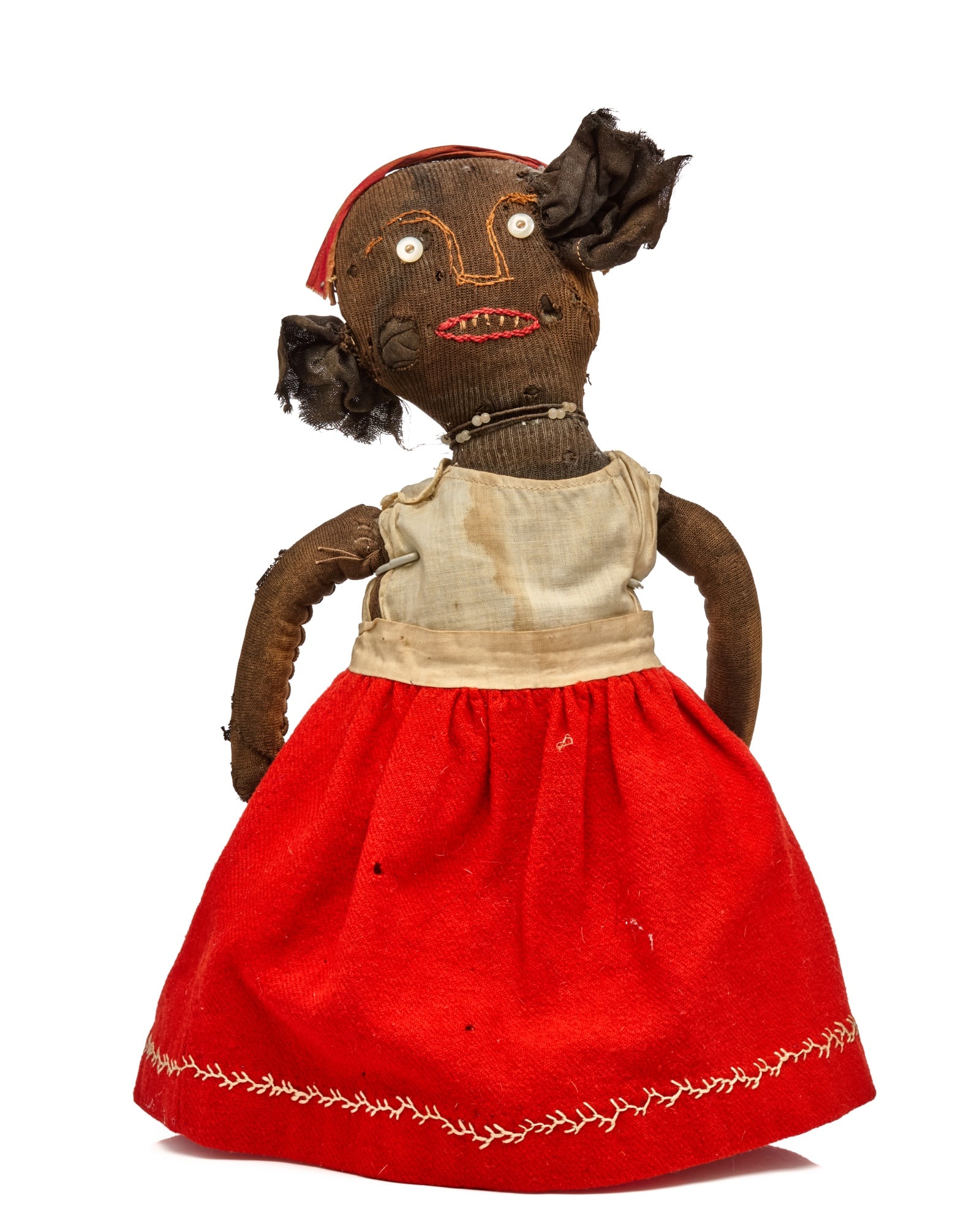12 INCH BLACK STOCKINETTE DOLL with MAKE-DO HAIR: The wild one, what a hair do, great embroidered face all she needs is music, and she will be happy. She is stockinette, has a wonderful embroidered face with oval mouth, teeth and two lines running ab