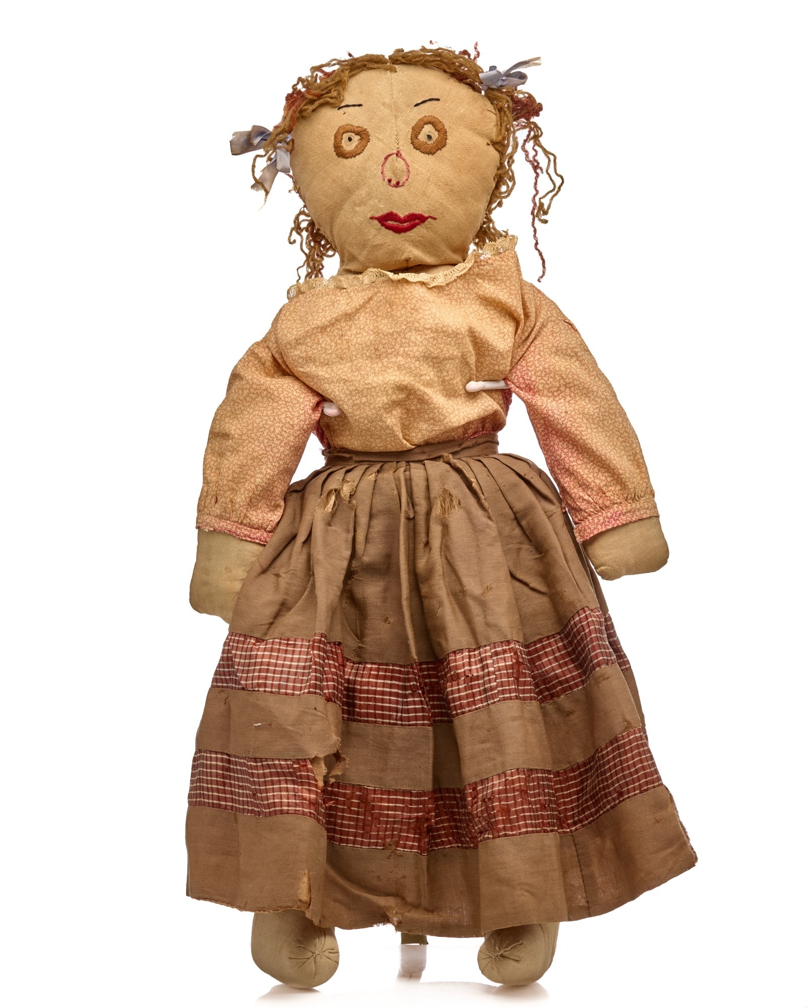 22 IN EMBROIDERED FACE SCHOOLGIRL: Do you believe her eyes! She is the best little dear heart. She has had a bad week, if her clothes are any indication of what it has been like. She softly stuffed with cotton, her hair is perfect with