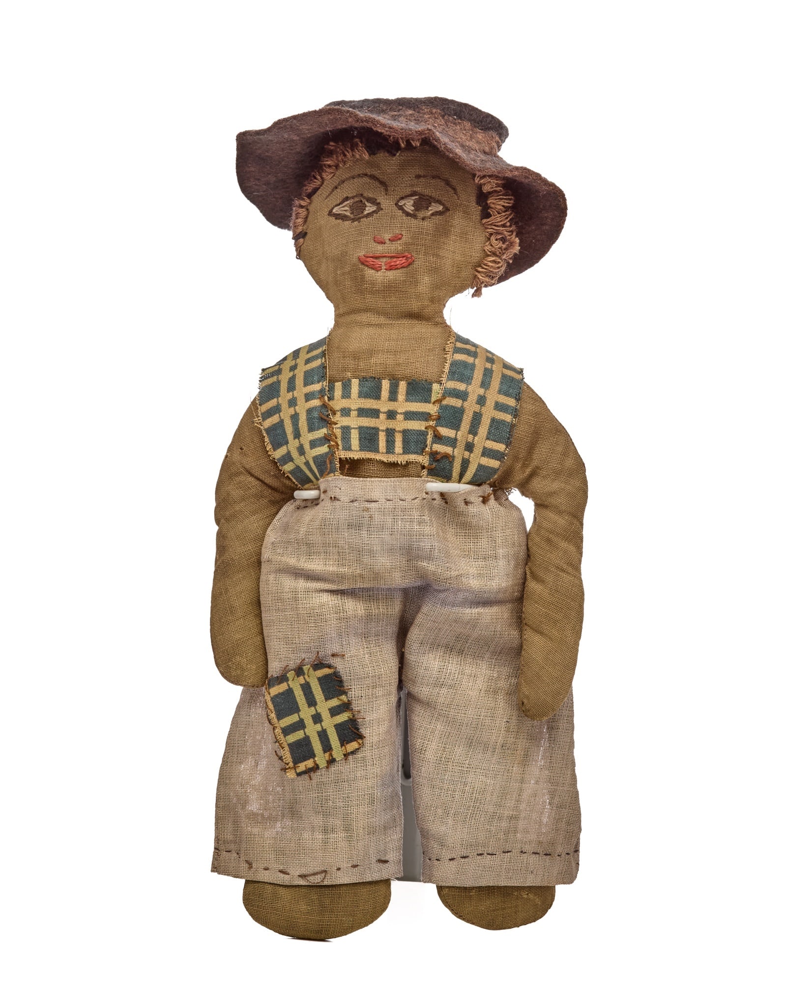 8 1/2 IN CUTE LITTLE BOY IN OVERALLS: This is an embroidered face cute little peanut with a later pair of overalls. I bet his mother bought him the hat big enough so he would grow into it. C 1920 Condition: Age related discoloration. Temp