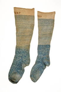 HAND KNIT BLUE COTTON STOCKINGS CIRCA 1830-1850: Very beautiful early 1800's blue knit stockings with initials. A very nice pair of antique hand knit blue and white cotton socks with initials at the top. I think the initials are WWF. The stockings a