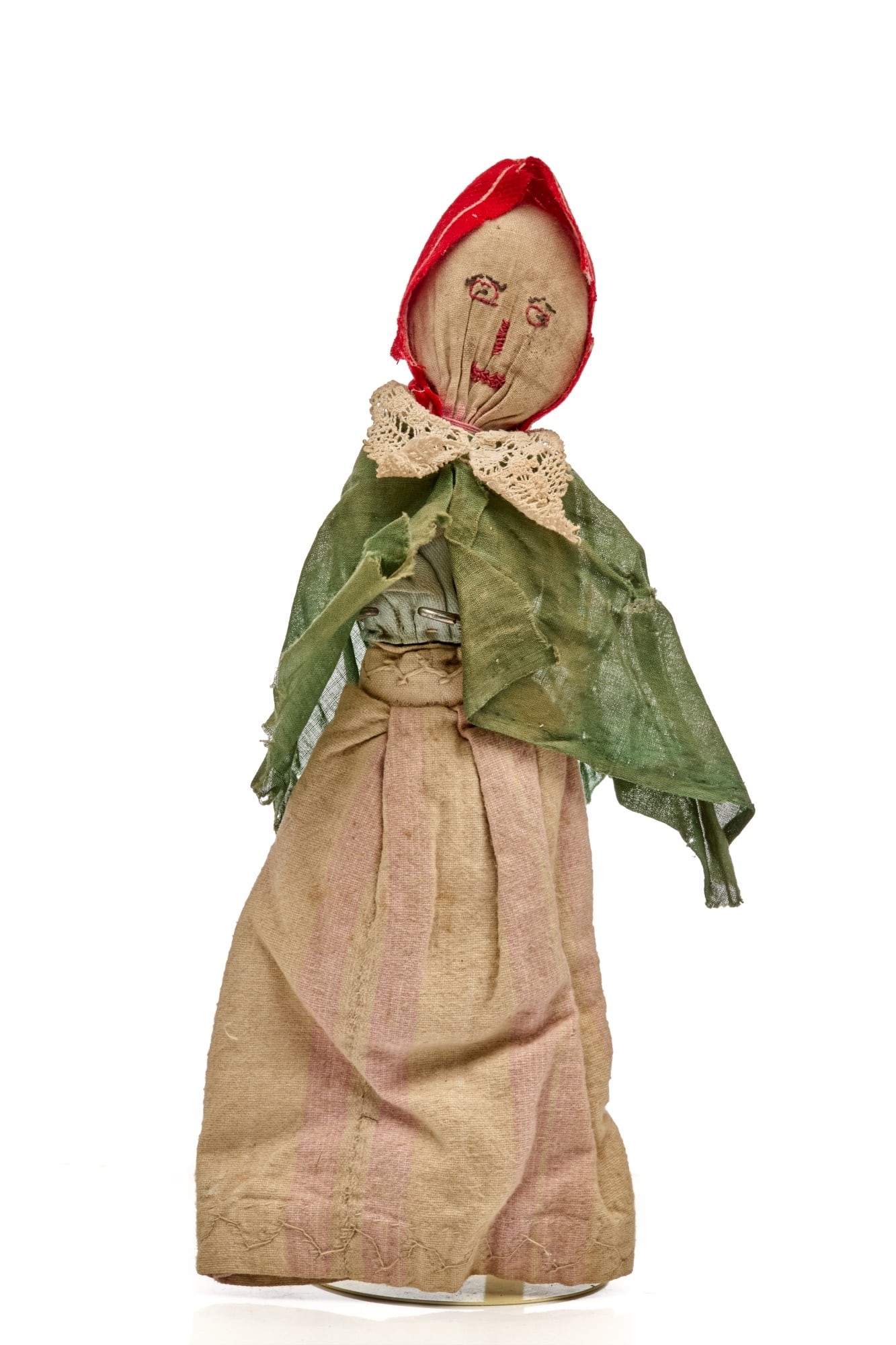8 INCH HOMEMADE PRAIRIE STUMP DOLL CIRCA 1870-80: Antique stump prairie doll homemade down on the farm (19th c). This doll was bought in the Midwest and had to have been made by an older child or a mother doing the best she could with what she had. S