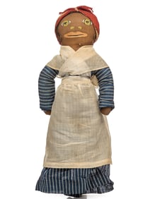 15 INCH PAINTED FACE BLACK CLOTH DOLL CIRCA 1920