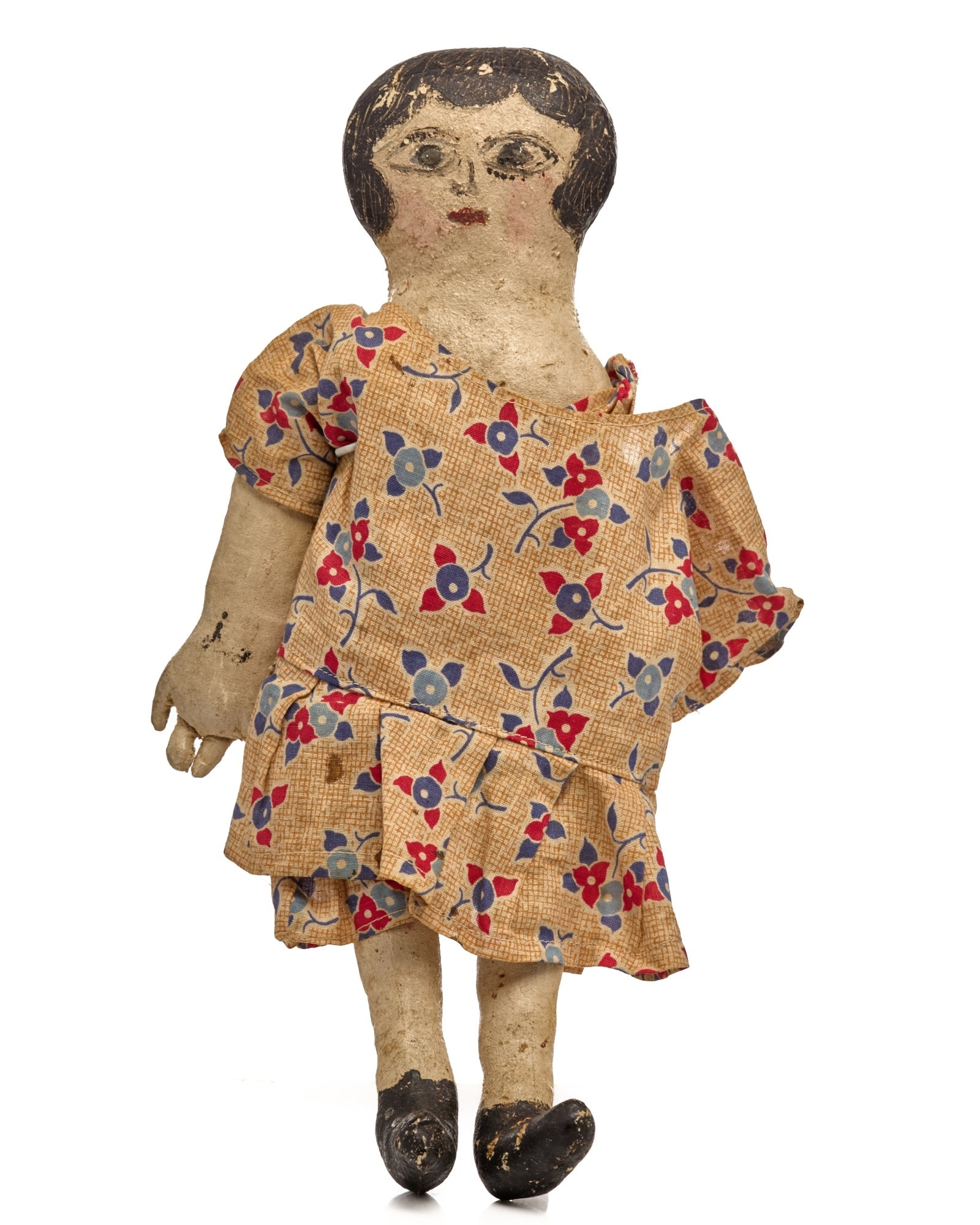13 IN PAINTED FACE DOLL: She is heavy and her paint is thick and hard and has a firm cotton middle. She has Betty Boop kind of eyes, is wearing a floral cotton dress and has a nice right hand but is missing her left arm. Circ