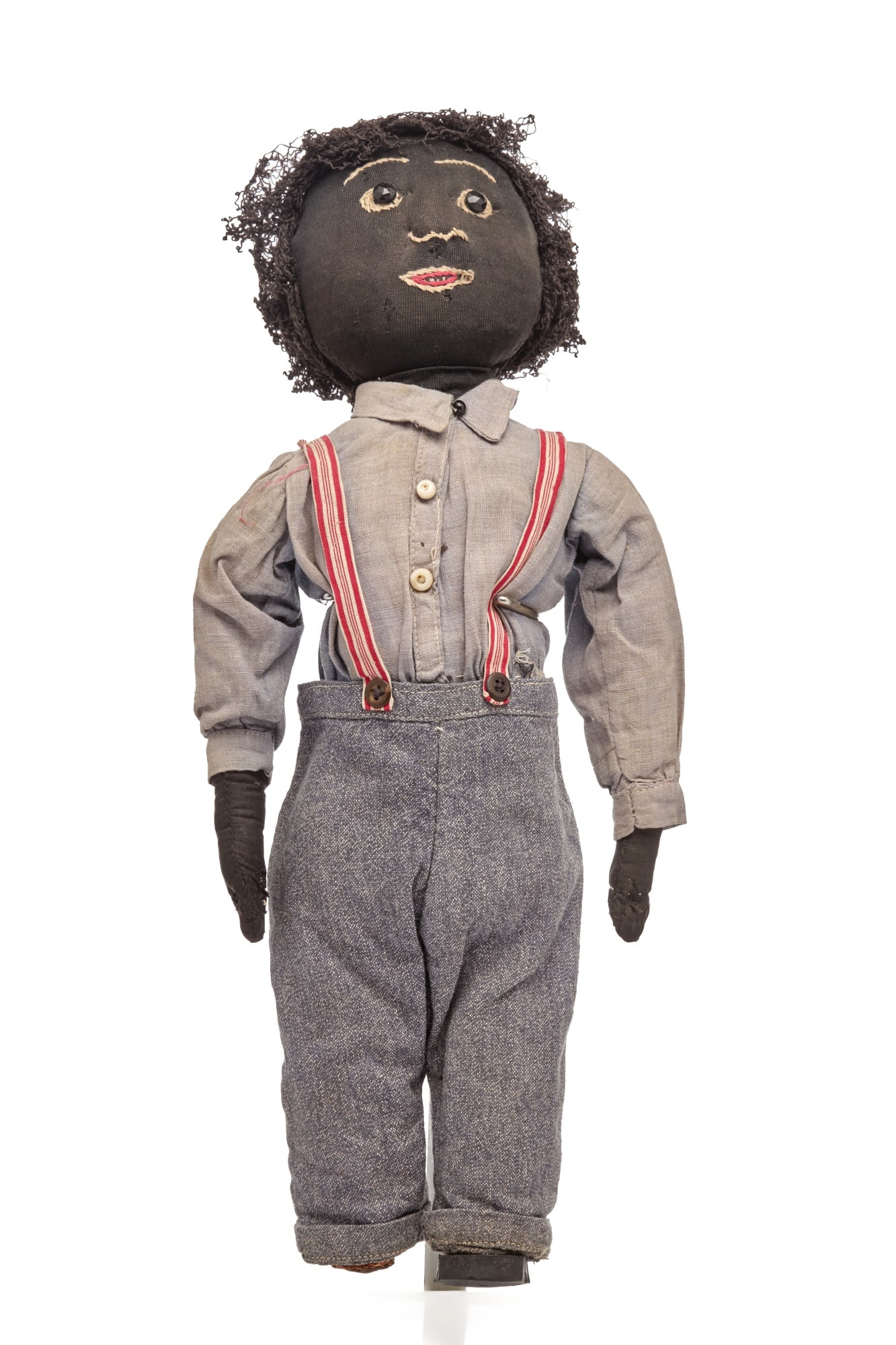 16 INCH CLOTH BOY DOLL with CORN COB LEGS: Antique boy cloth doll with corncob legs, embroidered face 1890. This is an amazing homemade black boy doll with the sweetest face, the best posture and corn cob legs. He feels like he has a solid woo
