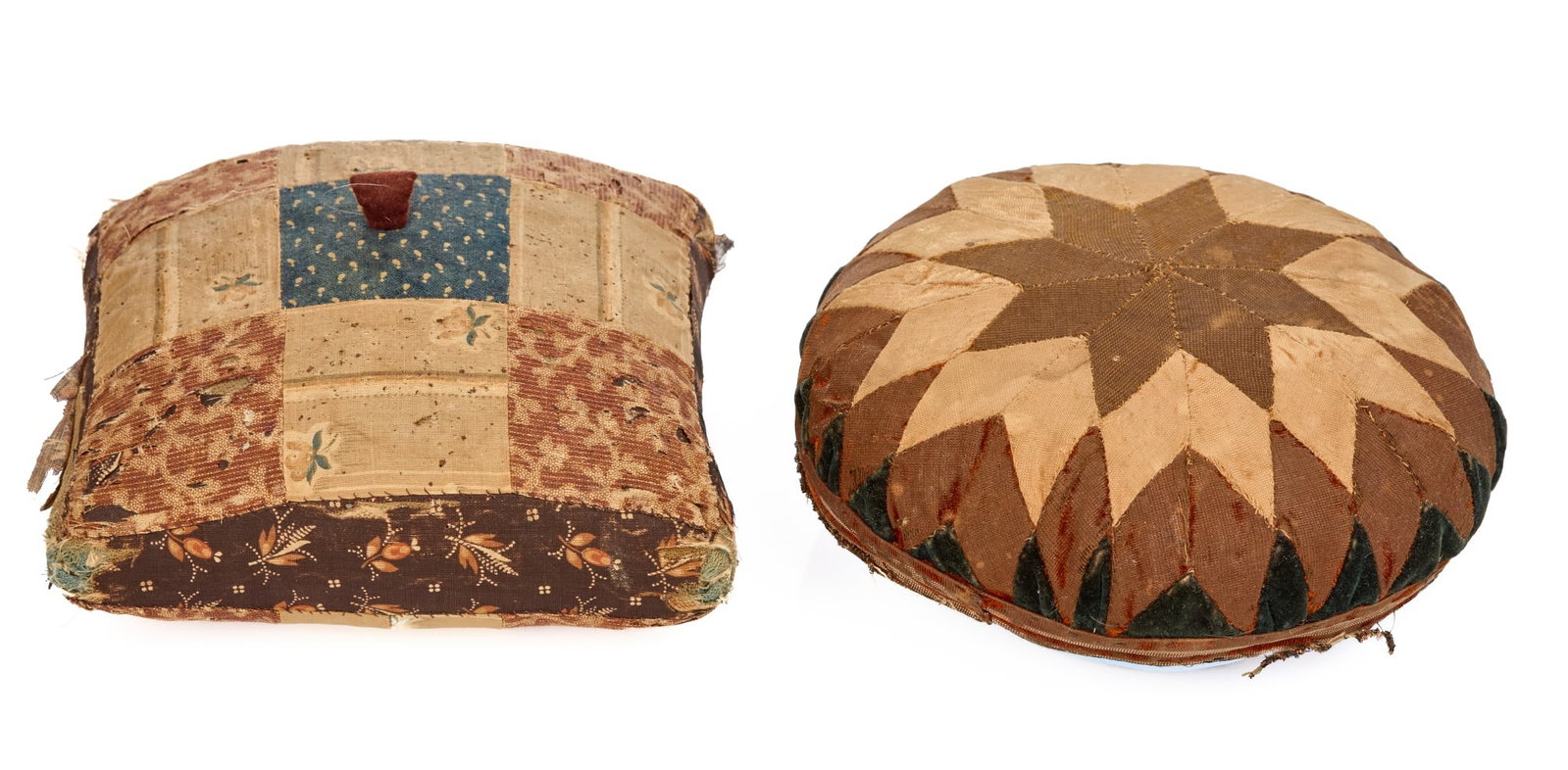(2) HAND SEWN (19th c) PIN CUSHIONS: Big heavy brown and blue antique calico pin cushion 7 x 7 inches. This pin cushion makes quite a statement. It has wonderful calico print fabrics in soft red, blue and brown. It is 7 inches square and