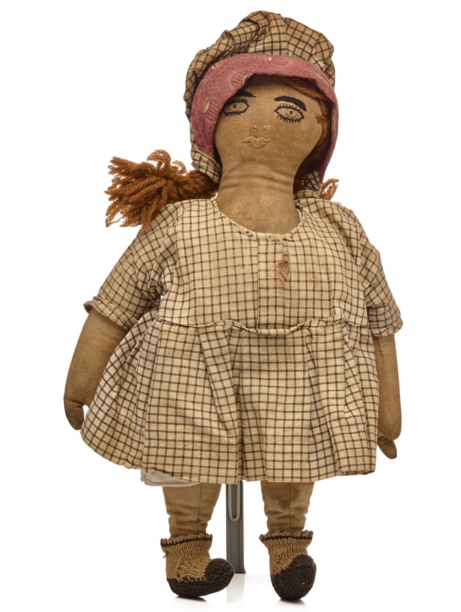 12 INCH CLOTH DOLL with FINELY EMBROIDERED FACE: Exquisite embroidered face 12 inch antique cloth doll circa 1890. This little pint sized cloth doll has a very intricately embroidered face. Very tiny schooled stitches, so nice. She is all hand sewn,