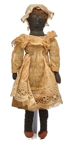 15 INCH BLACK CLOTH DOLL NAMED DINA CIRCA 1880
