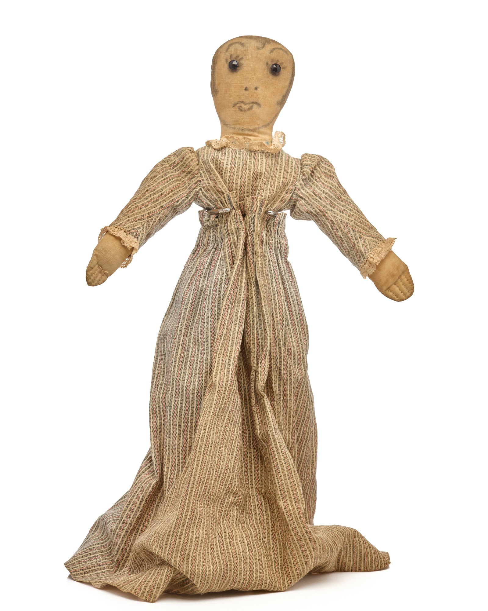 14 IN CUTE LITTLE GIRL: Here is a cutie, a little girl with pizzazz, jet eyes and drawn face. She is 14 inches tall with a cute little figure and is living life with her eyes wide open, with the help of jet buttons. The moth