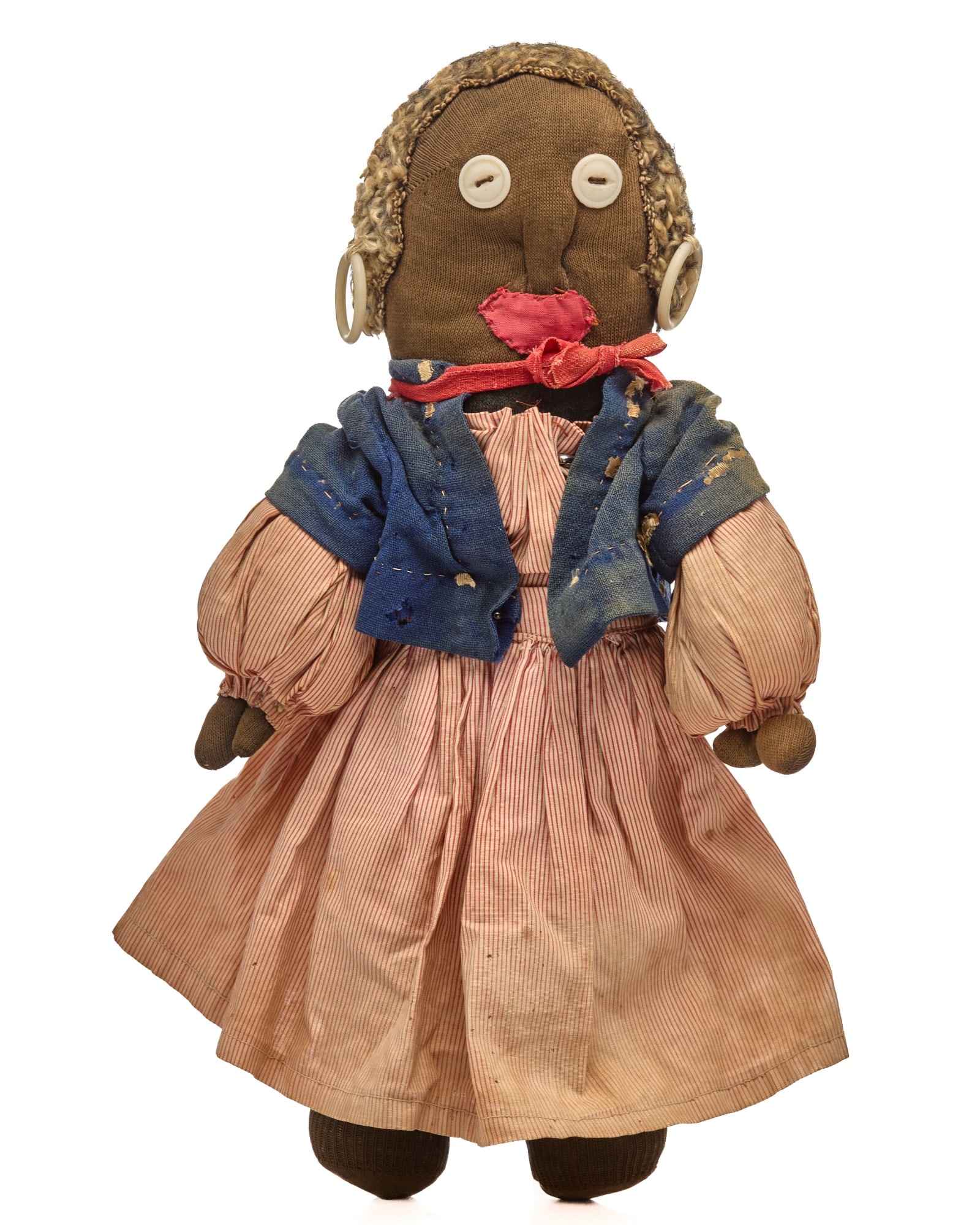 13 INCH STOCKINETTE DOLL with EARRING CIRCA 1920: Happy doll all dressed up with her best earring on! 13 inches and circa 1920. This great little doll is made with stockinette and stuffed with cotton. She has a wonderful face with big button eyes and