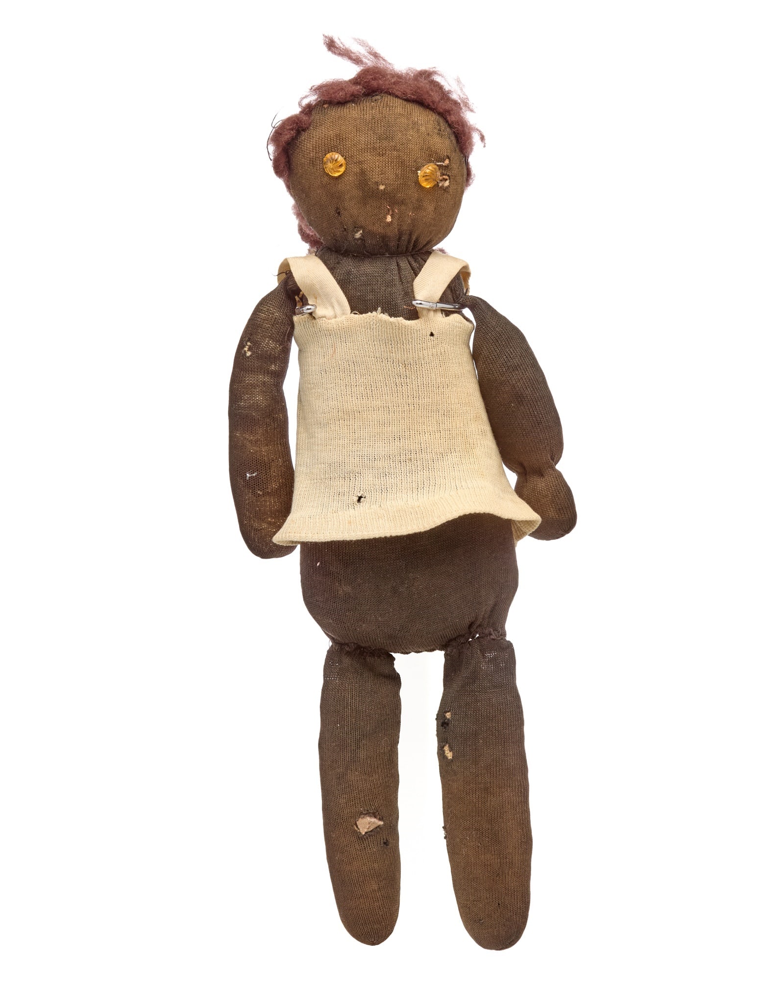 12 1/2 IN SOCK DOLL WITH JAUNTY TOP: This old pathetic sock doll with some fuzzy brown wool hair needs a friend. She has glass button eyes, no nose or mouth anymore. She is wearing an undershirt make-do top. She is stuffed with cotton. C