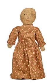 23 INCH CLOTH DOLL in BROWN CALICO DRESS C. 1890