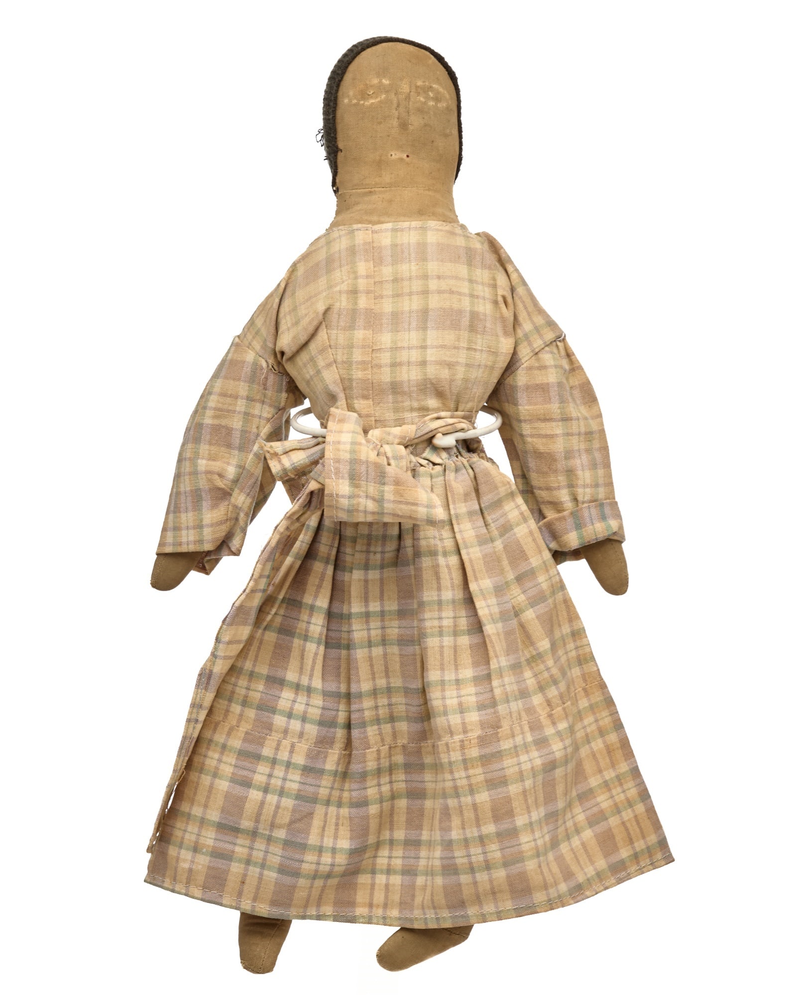 16 IN SOCK DOLL WITH GREAT HAIR: Here is another example of a doll face that the floss stitching has been taken off. I don’t understand it but it does leave the doll with a face. She has big eyes, a pinched nose that is nicely 